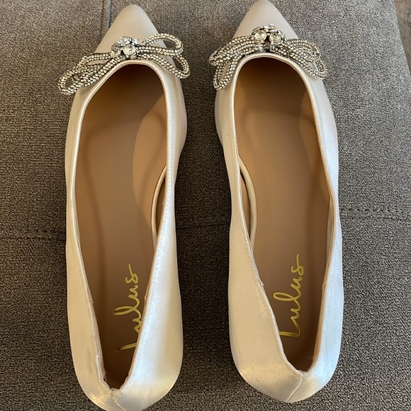 Bowlful Ivory Satin Rhinestone Pointed-Toe Ballet Flats - Picture 2 of 5